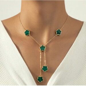 Green Five Leaf Clover Gold Necklace Y Lariat